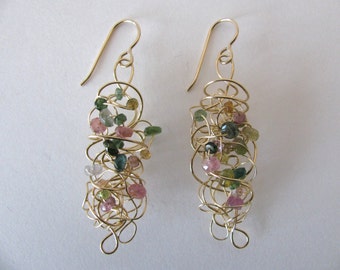 14k Gold Fill Wire Wrap Earring with Tourmaline Gemstones