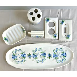 Vintage Liette Porcelain Bathroom Set Blue Floral 6pc Tray Toothpaste Dispenser