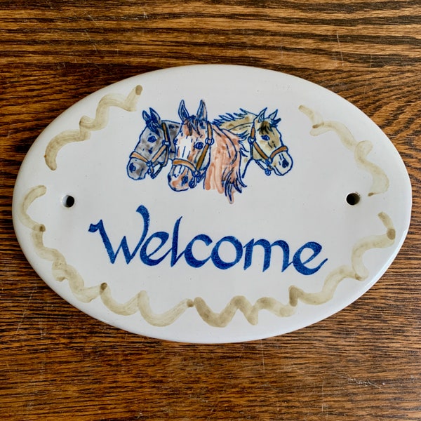 Louisville Stoneware Ceramic Welcome Sign with Three Horse Heads - Pottery Discontinued Design