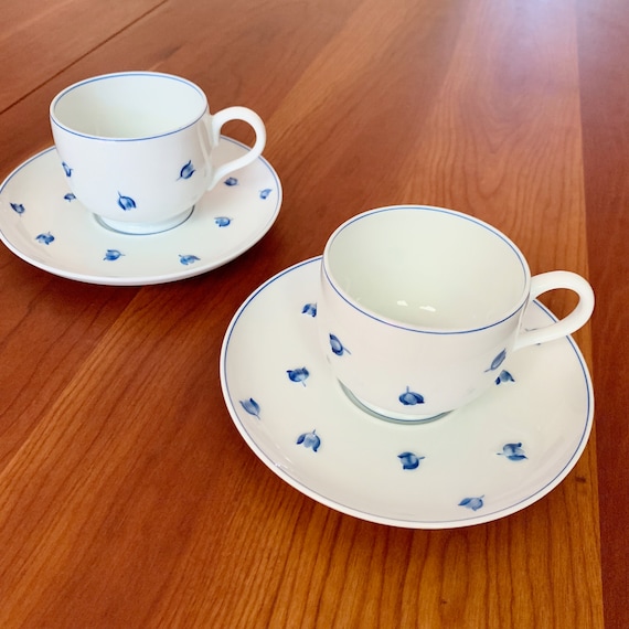 Pair of Lalique Muguet Blue Footed Demitasse Cup and Saucer Sets