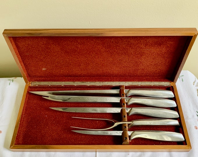 Vintage Gerber 5 Piece Carving Set With Walnut Box Four Knives