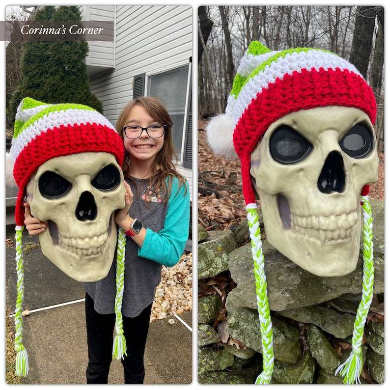 12 foot Skeleton Santa Elf Earflap Hat Beanie with Braids Inferno 12ft