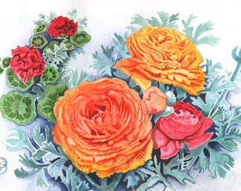 Orange Ranunculus in Watercolour, Original Flower Painting