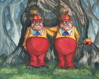 Tweedle Dum and Dee Watercolour Painting, Alice in Wonderland Painting