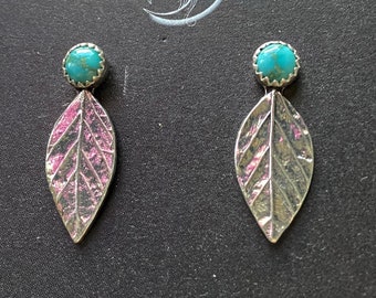 Turquoise Leaf Earrings, Silver leaf Earrings, turquoise Earrings, Rustic Boho Earrings, imprinted leaf jewelry, leaf studs, ready to ship