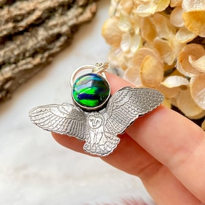 Owl Necklace, Sterling Silver Owl jewelry- Silver necklace, opal pendant, owl pendant,handmade necklace, owl lover, flying owl,ready to ship