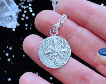 Silver Star Coin Necklace, Medallion Necklace, Sterling Silver Coin Jewelry, Handmade Jewelry, charm necklace, star necklace, free ship