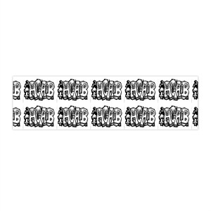 May include: A sheet of white stickers with the text "ACAB" in a graffiti-style font. The text is in black and white, with each sticker featuring a different design. The stickers are arranged in two rows of five.