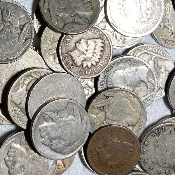 Mixture of 25 Vintage Buffalo Nickels, Indian Head Pennies & Liberty Nickels. Low Price! Cull/Low Grade Coins. 5% OFF 4+