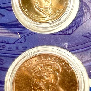 Pu&ograve; includere: Due monete color oro in custodie protettive. La moneta superiore presenta un ritratto di William Henry Harrison e il testo "WILLIAM HENRY HARRISON" e "IN GOD WE TRUST". La moneta inferiore mostra Anna Harrison.