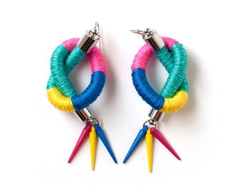 Colorful rope dangle earrings, Funky cord earrings, Color block thread wrapped earrings, Tribal earrings, Knot earrings, Rope jewelry