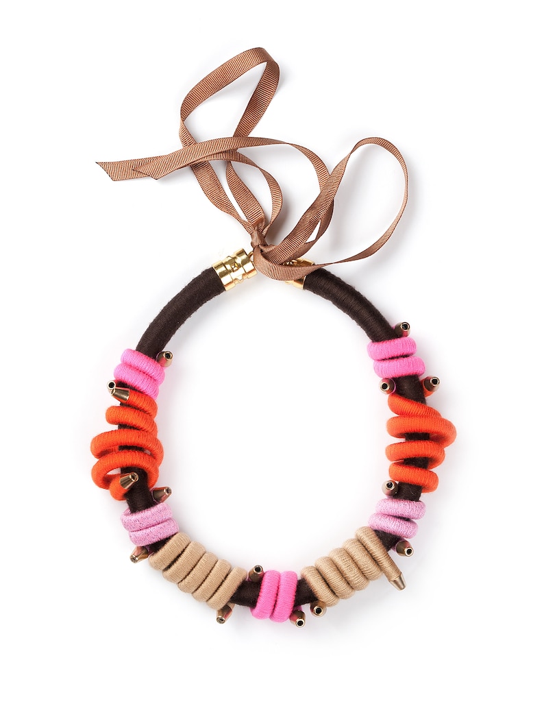 Birthday Gift For Woman Pink Brown Fiber Necklace Statement Rope Necklace Rope Choker Orange Gift For Her