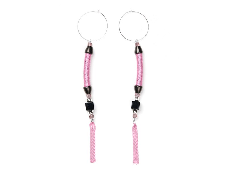 Modern Jewelry Hoop Charm Earrings Long Earrings in Pink Modern Earrings Statement Dangle Earrings For Woman Gift For Her