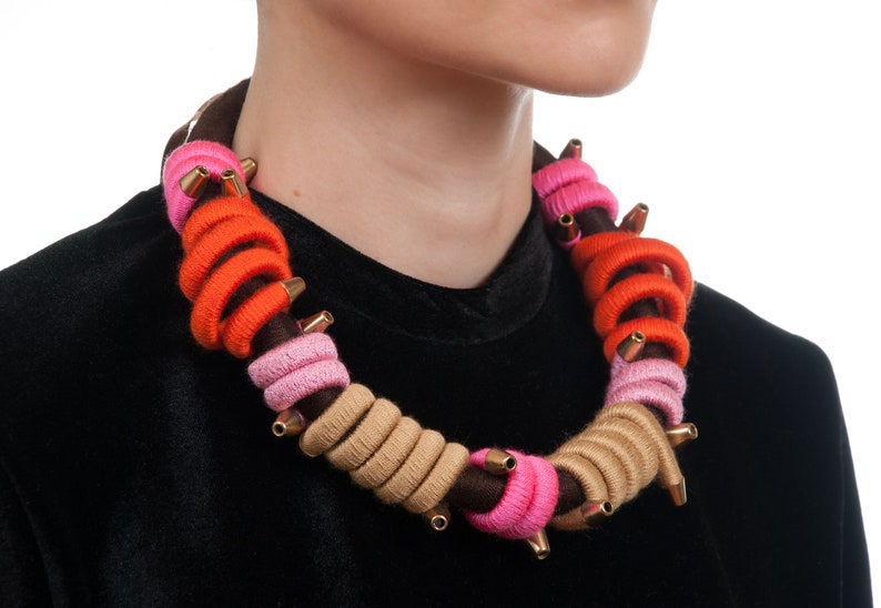 Birthday Gift For Woman Pink Brown Fiber Necklace Statement Rope Necklace Rope Choker Orange Gift For Her
