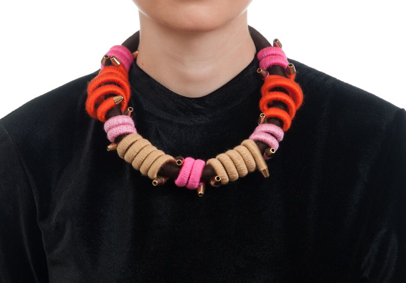 Birthday Gift For Woman Pink Brown Fiber Necklace Statement Rope Necklace Rope Choker Orange Gift For Her