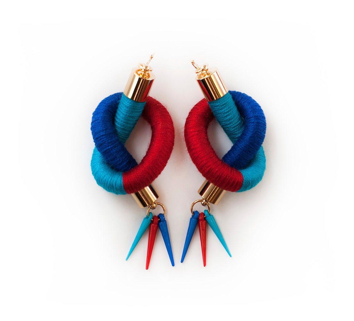 Blue Rope Knot Earrings Red Dangle Cord Earrings Statement Etsy