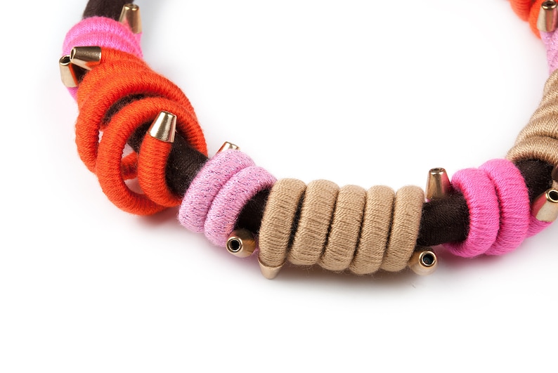 Birthday Gift For Woman Pink Brown Fiber Necklace Statement Rope Necklace Rope Choker Orange Gift For Her