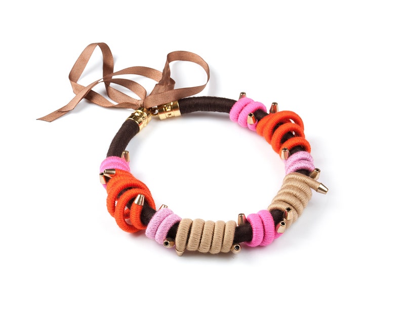 Birthday Gift For Woman Pink Brown Fiber Necklace Statement Rope Necklace Rope Choker Orange Gift For Her