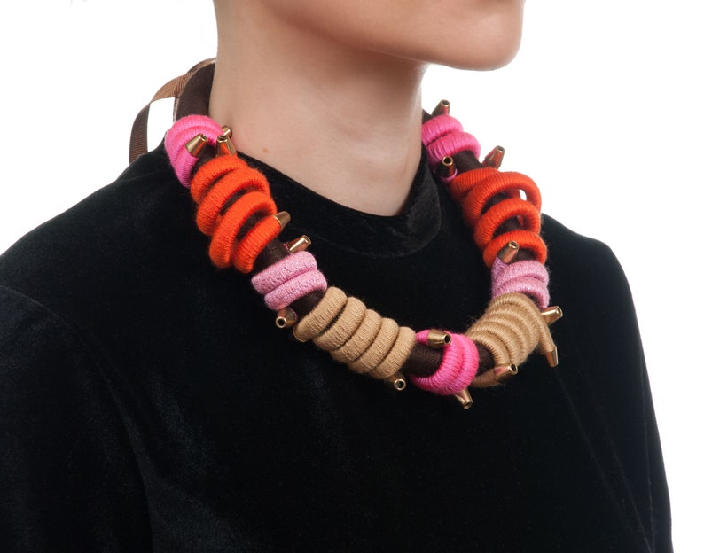 Birthday Gift For Woman Pink Brown Fiber Necklace Statement Rope Necklace Rope Choker Orange Gift For Her