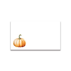 May include: A rectangular white card featuring a watercolor illustration of a single orange pumpkin with a green stem positioned in the lower left corner. The rest of the card surface is plain white, providing ample space for writing or printing text.