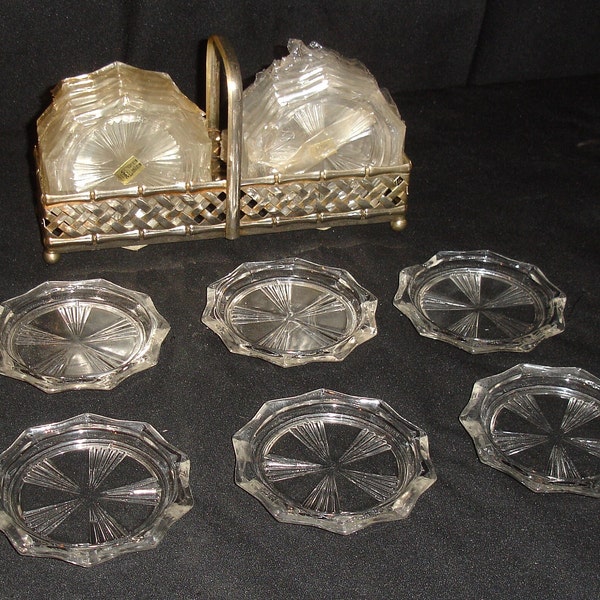 Set of (18) Vintage VMC Reims France Crystal Cut Glass Coasters and Silverplated Caddy