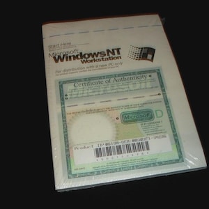 May include: Sealed Microsoft Windows NT Workstation software package. The package includes a certificate of authenticity and product ID. The Microsoft logo is visible. The packaging is white with red and black text.