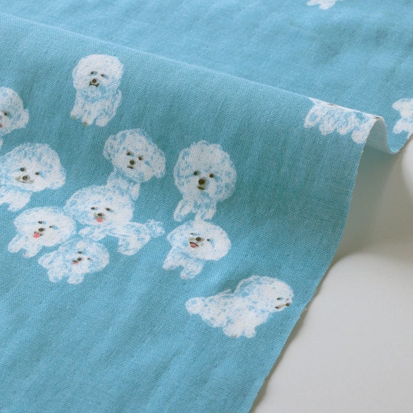 Kotorinuno by Trikotri Bichons~ Kokka Fabric ~ Japanese Fabric ~ Double Gauze 100% Cotton ~ A Blue ~ Dog Fabric ~ Kid Fabric ~Apparel Fabric