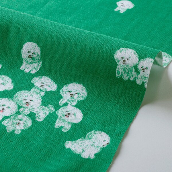 Kotorinuno by Trikotri Bichons~ Kokka Fabric ~ Japanese Fabric ~ Double Gauze 100% Cotton ~ D Green ~ Dog Fabric~Kid Fabric ~Apparel Fabric