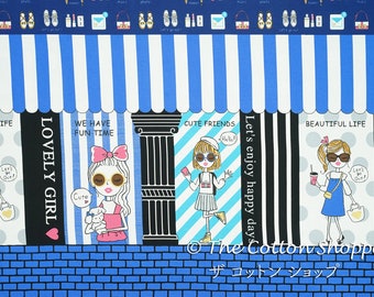 Kokka Kira Kira Girls Cafe Fabric ~ Japanese Fabric ~ Cotton Oxford ~ D Blue ~ Girl's Fabric ~ Apparel Fabric ~ Bags ~ Home Decor Fabric