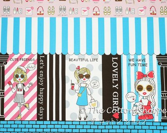 Kokka Kira Kira Girls Cafe Fabric ~ Japanese Fabric ~ Cotton Oxford ~ B Light Blue ~ Girl's Fabric ~ Apparel Fabric ~ Home Decor Fabric