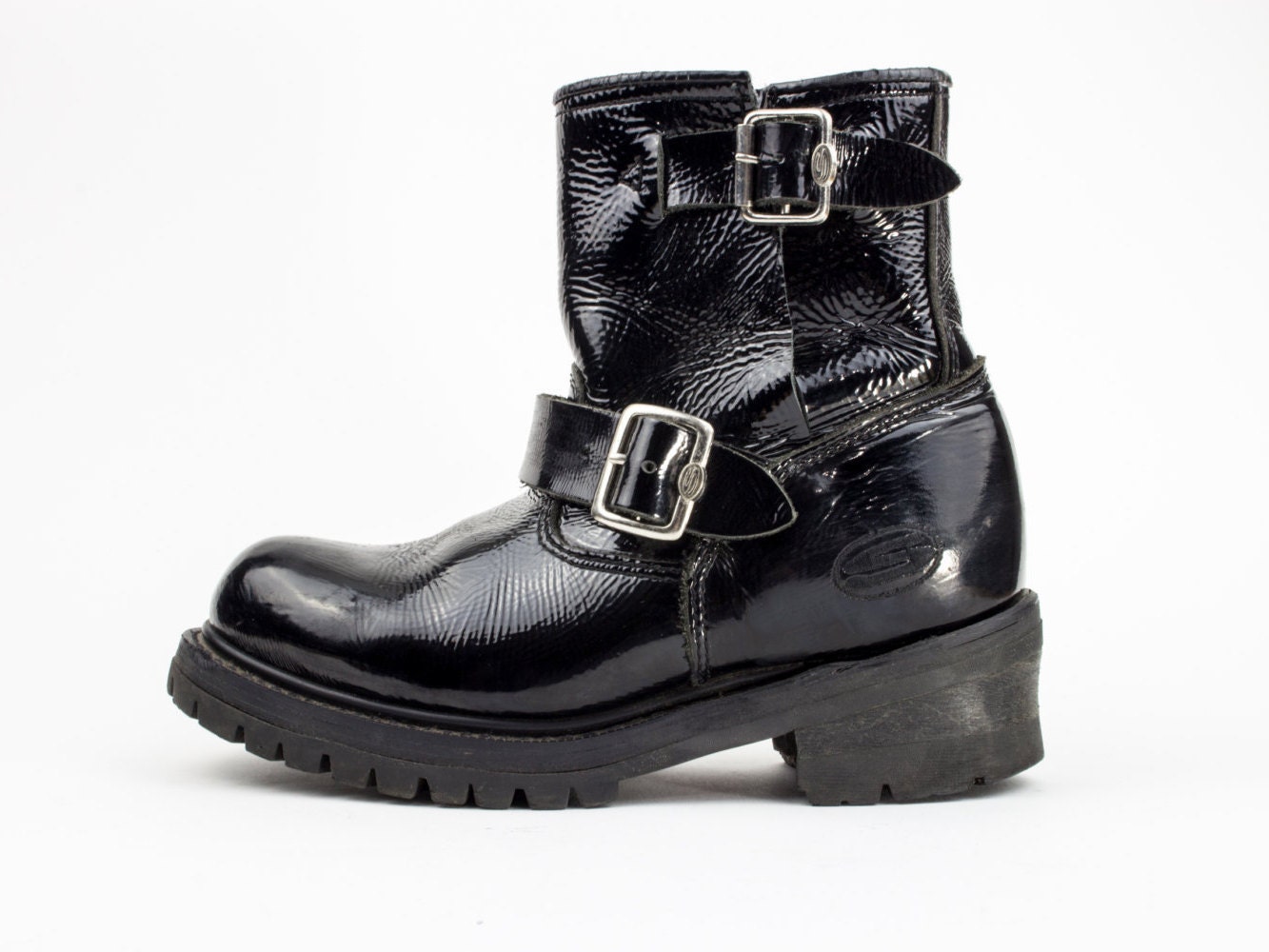 womens black patent leather combat boots