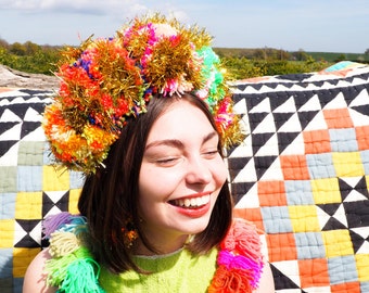 Multicolour Pom Pom Tinsel Headband - Rainbow & Gold Crown - Vegan Friendly -