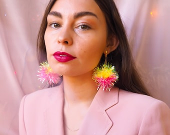 Mini Pink & Yellow Tinsel Earrings Fall Styles Christmas Gifts Stocking Stuffers