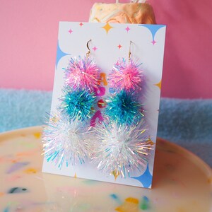 Layered Tinsel Statement Earrings – Blue, Iridescent & Pink Christmas Jewellery