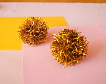 Gold Pom Pom Tinsel Earrings - Christmas Jewelry Fall Styles Christmas Gifts Stocking Stuffers