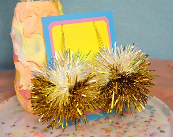 Iridescent Gold Tinsel Pom Pom Earrings: Statement Jewelry