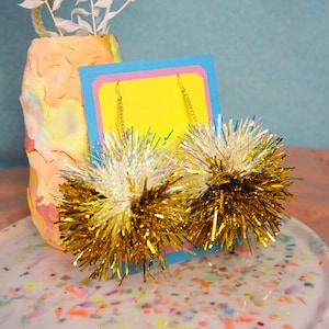 Iridescent & Gold Tinsel Pom Pom Earrings – Sparkly Christmas Jewellery and Gift Idea