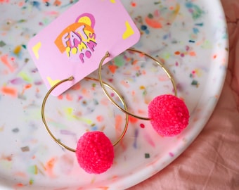 Bright Pink Pom Pom Earrings  - 60mm Hoops - Fall Styles Christmas Gifts Stocking Stuffers