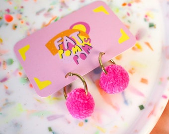 Candy Pink Pom Pom Tiny Hoop Earrings - 20mm Hoops Fall Styles Christmas Gifts Stocking Stuffers