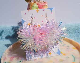 Pink & Iridescent Tinsel Earrings – Fun Sparkly Christmas Jewellery and Gift Idea