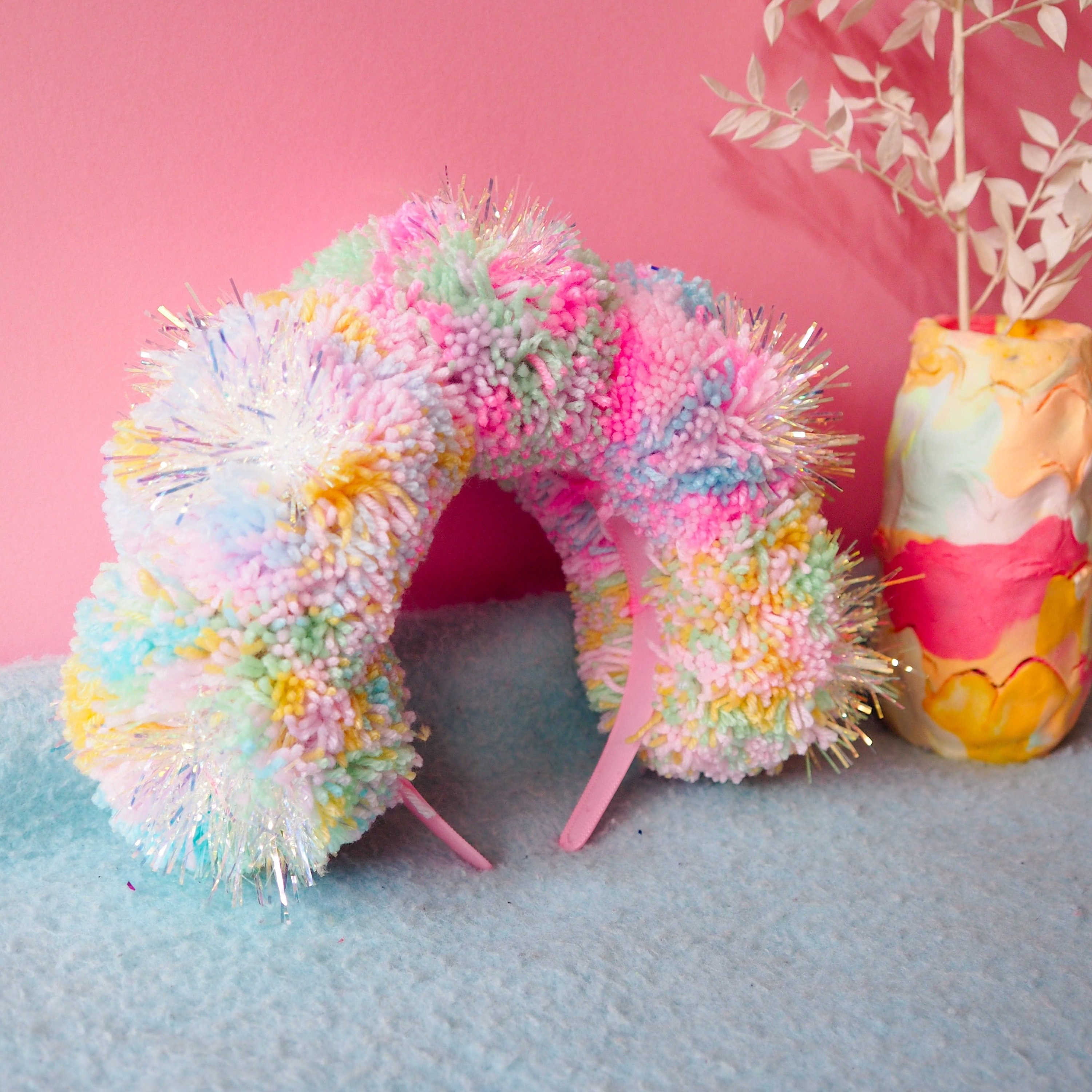 Tinsel Pastel Iridescent Pom Pom Headband – Fun Handmade Hair Accessory & Christmas Gift