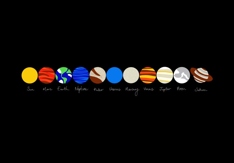 Puede incluir: Un fondo negro con una fila de planetas coloridos y estilizados. Cada planeta es un c&iacute;rculo con patrones y colores &uacute;nicos, incluyendo amarillo, rojo, azul y marr&oacute;n. Los nombres de los planetas est&aacute;n escritos en una fuente manuscrita debajo.