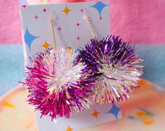 Purple, Iridescent & Pink Tinsel Pom Pom Earrings Fall Styles Christmas Gifts Stocking Stuffers