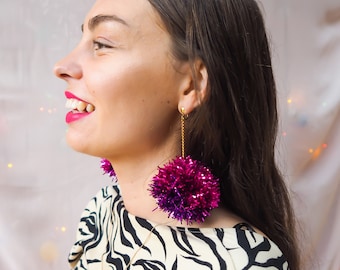 Purple & Pink Tinsel Pom Pom Earrings  Fall Styles Christmas Gifts Stocking Stuffers