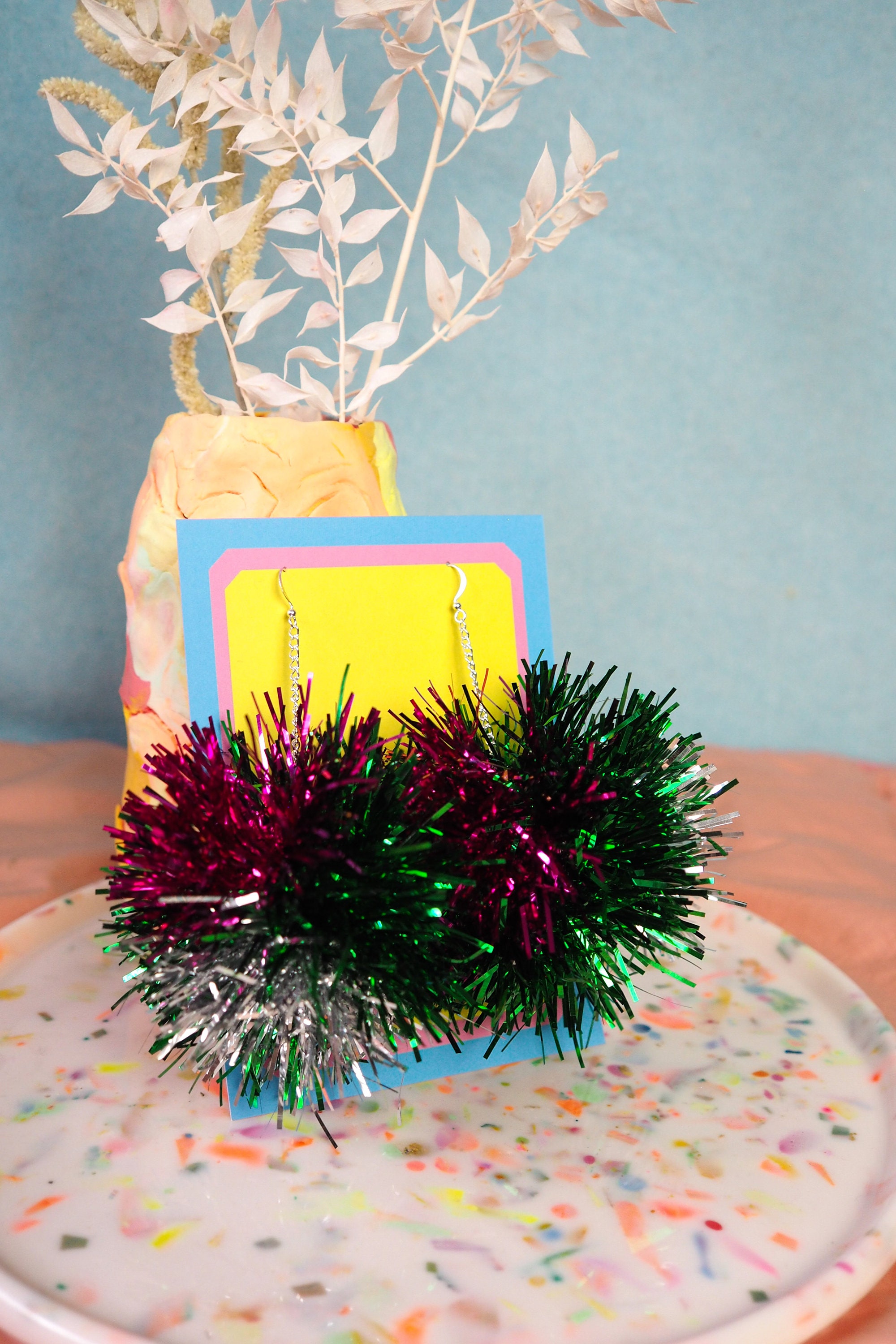 Green Pink & Silver Tinsel Pom Pom Earrings Choose from Etsy