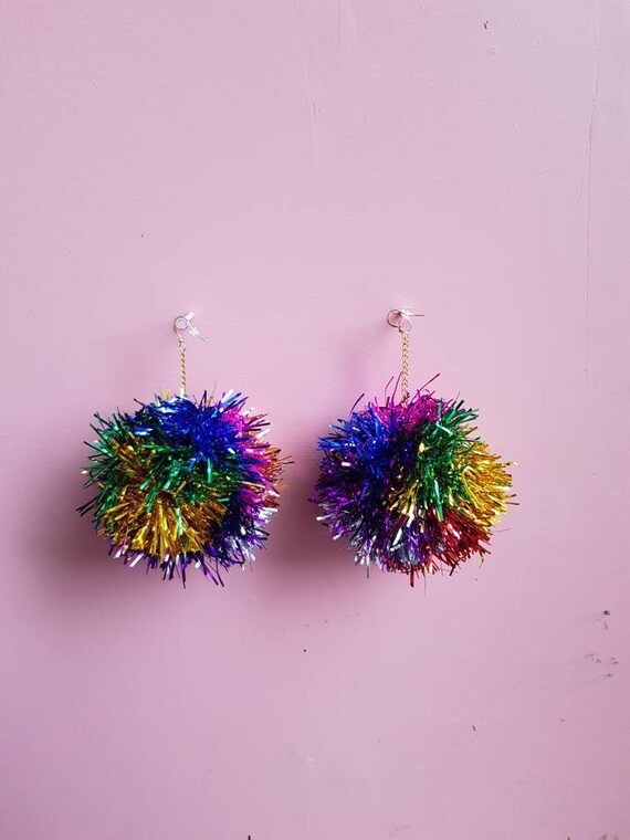 Big Rainbow Statement Earrings Colorful Tinsel Earrings Etsy