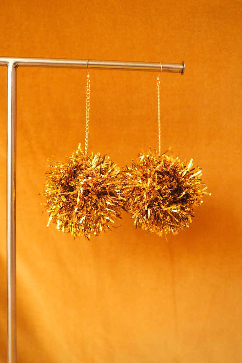Gold Pom Pom Tinsel Earrings Christmas Jewelry Fall Styles Christmas Gifts Stocking Stuffers image 4