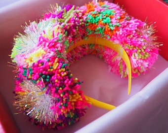 Tinsel Rainbow Pom Pom Headband – Fun Handmade Hair Accessory & Christmas Gift