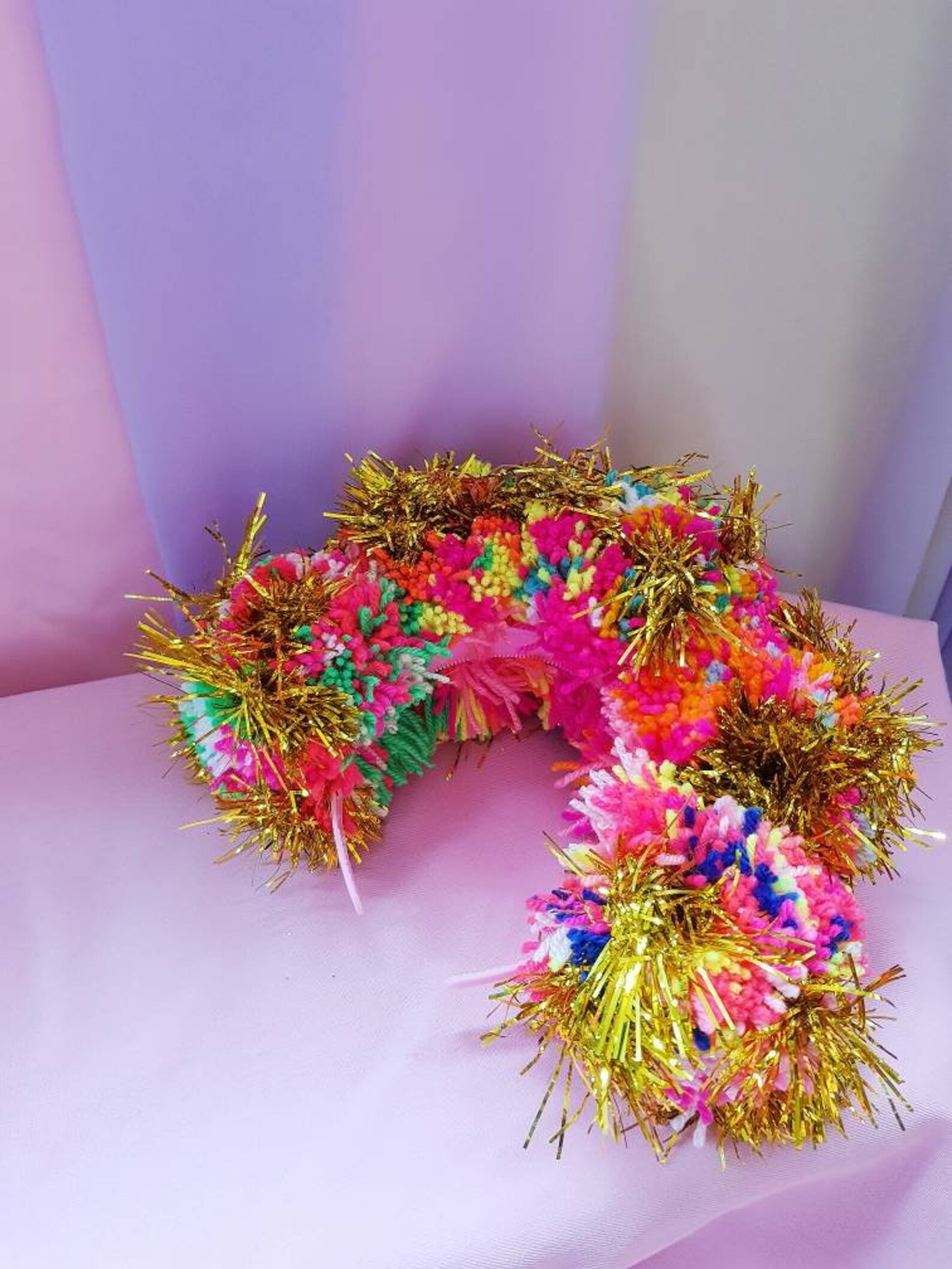 Multicolour Pom Pom Tinsel Headband Rainbow & Gold Crown Etsy