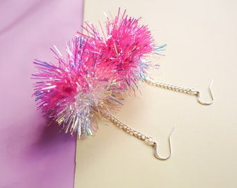 Mini Tinsel Pom Pom Earrings - Choice of colours Fall Styles Christmas Gifts Stocking Stuffers